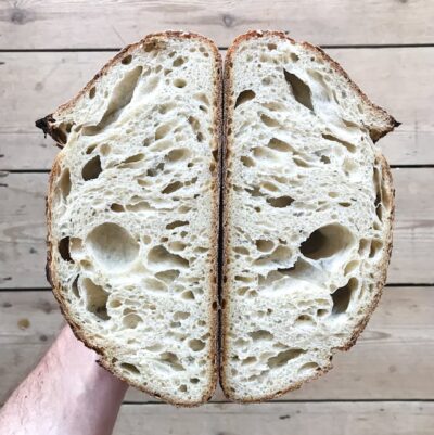 A sourdough bread sliced in half