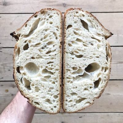 A sourdough bread sliced in half