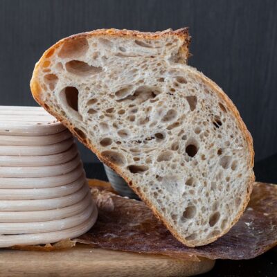 Sourdough bread sliced in half