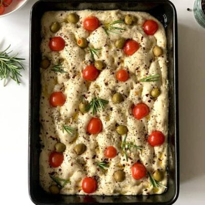 Unbaked focaccia bread from top