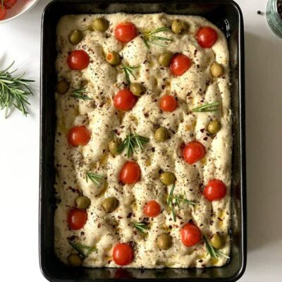 Unbaked focaccia bread from top