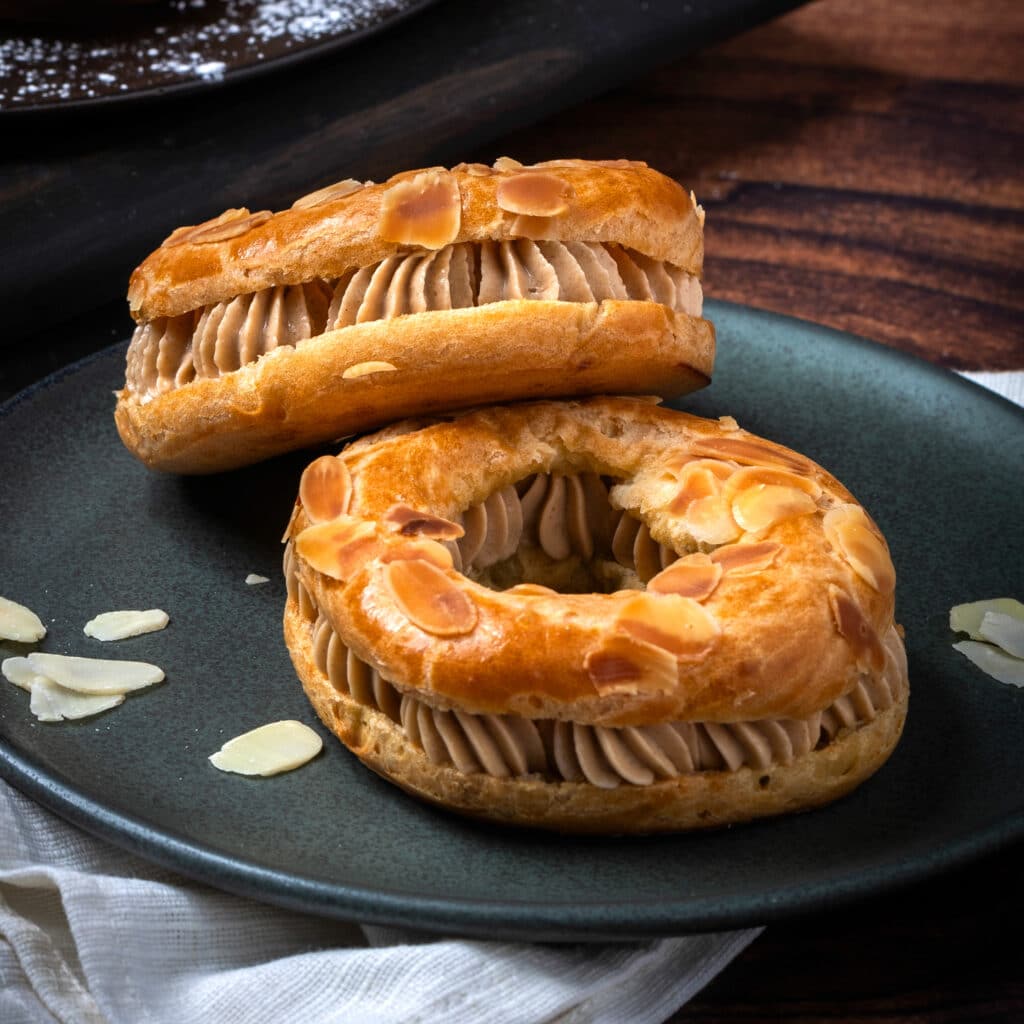 Close up of paris brest with hazelnut filling.